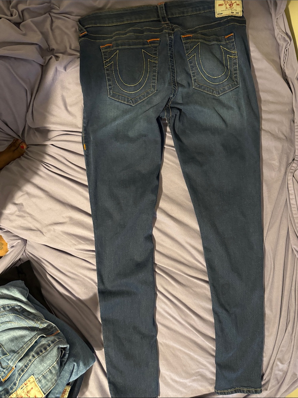 True Religion Stella Low Rise Skinny Jeans in Dark Blue with Yellow Stitching